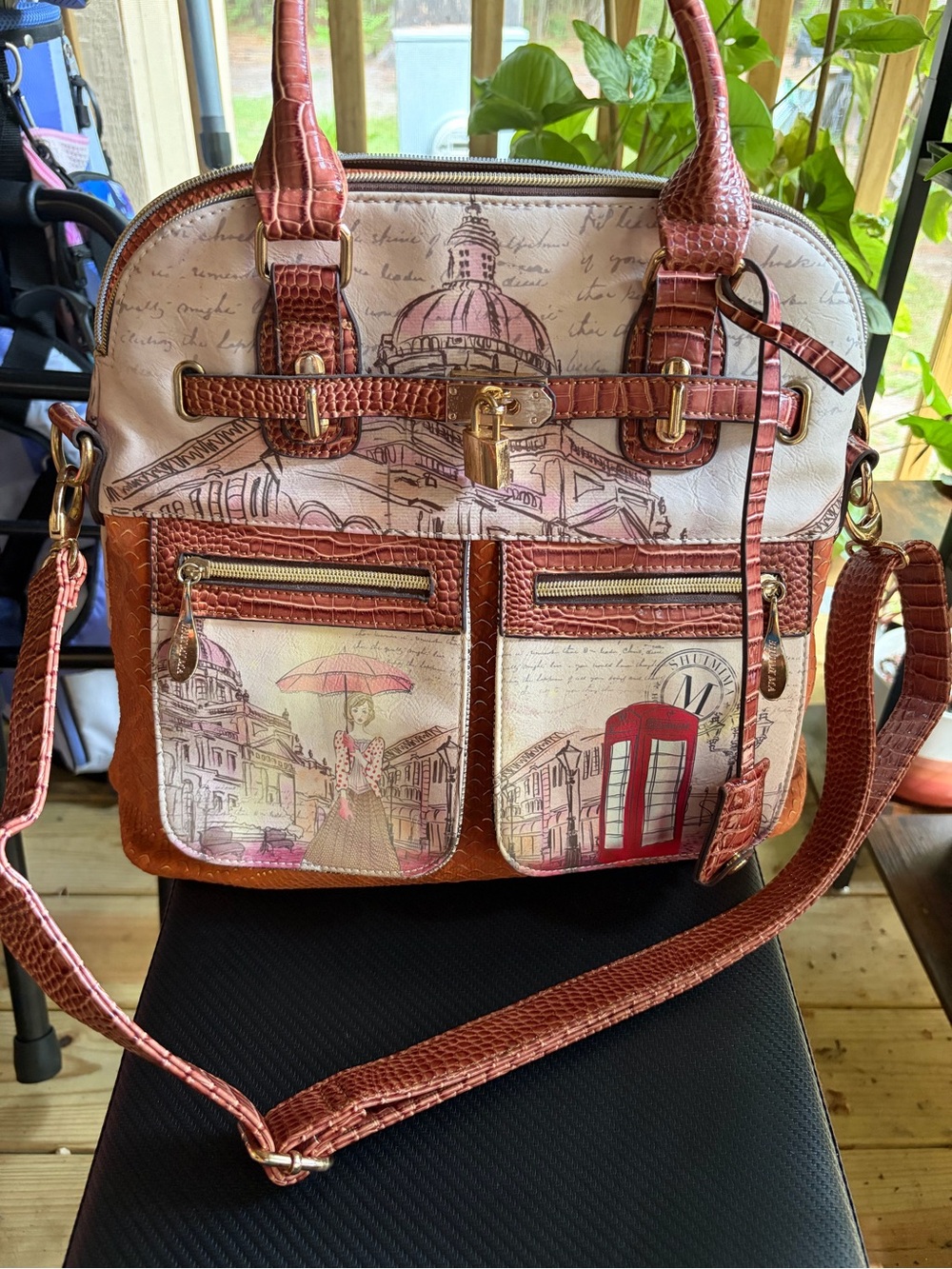 Illustrated Brown & Cream Leather Satchel with Crossbody Strap